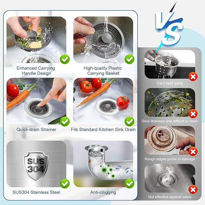 Upgraded 3in1 Kitchen Sink Drain Strainer & Sink Stopper,304 Stainless Steel Metal Sink Drain Stopper with Anti-Clogging Wider Strainer Basket,Kitchen Essentials for US Standard 3-1/2" Drain (Silver)
