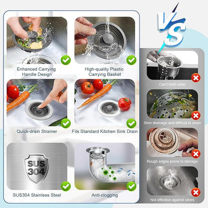 Upgraded 3in1 Kitchen Sink Drain Strainer & Sink Stopper,304 Stainless Steel Metal Sink Drain Stopper with Anti-Clogging Wider Strainer Basket,Kitchen Essentials for US Standard 3-1/2" Drain (Silver)