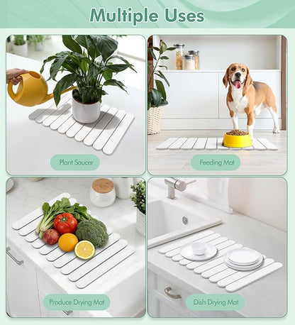 Large Stone Dish Drying Mat for Kitchen Counter, Quick Dry Diatomaceous Earth Stone Mat, Roll-Up Dish Mat for Dishes Bottles Cups, Super Absorbent & Non-Slip, 24"×16",White