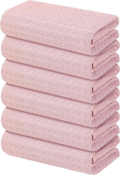 Homaxy Microfiber Waffle Weave Kitchen Towels, 16 x 28 Inch Ultra Absorbent and Solid Color Dish Towels, 6 Pack, Pink
