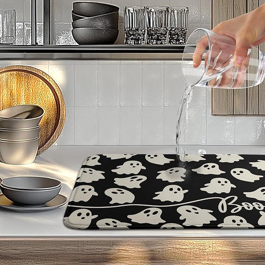 Halloween Ghosts Dish Drying Mat Black and White Large Kitchen Mats Dish Drying Pad Absorbent Dish Dryer Mat for Kitchen Countertops Microfiber Drainer Pad Dish Drying Mats (18x24 in)