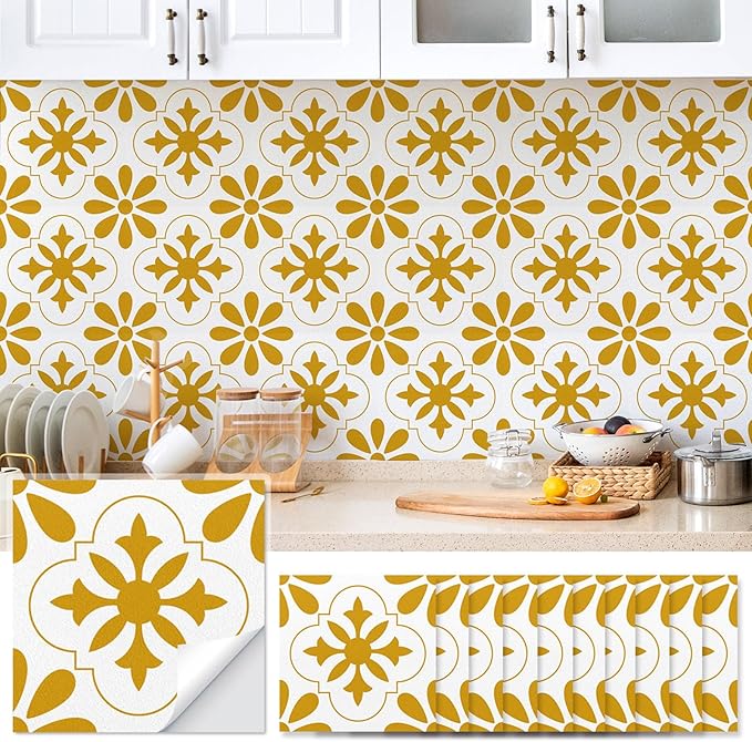 AM AMAONM 10pcs 20x20cm Removable Square Vintage Floral Pattern Tile Stickers 3D Decorative Peel and Stick Vinyl Self Adhesive Wall Tiles Decor Decals for Kitchen Backsplash Bathroom Furniture (E)