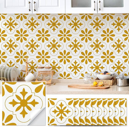 AM AMAONM 10pcs 20x20cm Removable Square Vintage Floral Pattern Tile Stickers 3D Decorative Peel and Stick Vinyl Self Adhesive Wall Tiles Decor Decals for Kitchen Backsplash Bathroom Furniture (E)
