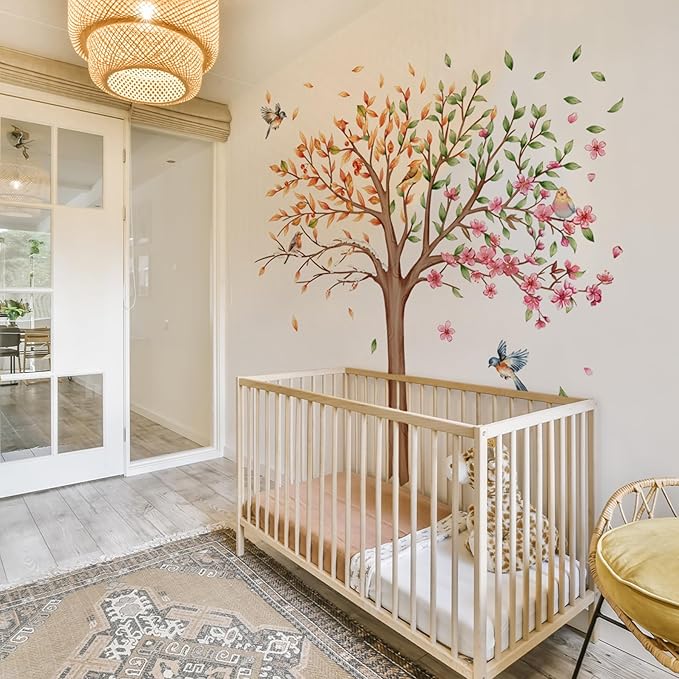 3 Sheets Large Tree Wall Decals Stickers Removable Floral Murals Peel and Stick Colorful Tree of Life Art Vinyl Living Room Decor with Flowers & Birds for Classroom Girls Bedroom Kids Nursery Office
