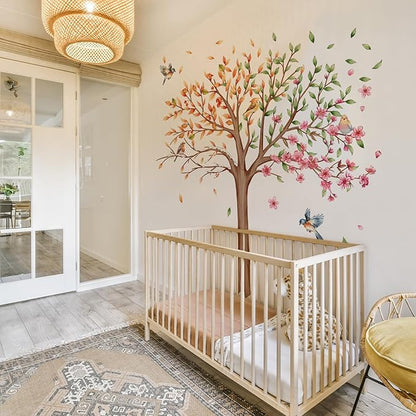 3 Sheets Large Tree Wall Decals Stickers Removable Floral Murals Peel and Stick Colorful Tree of Life Art Vinyl Living Room Decor with Flowers & Birds for Classroom Girls Bedroom Kids Nursery Office