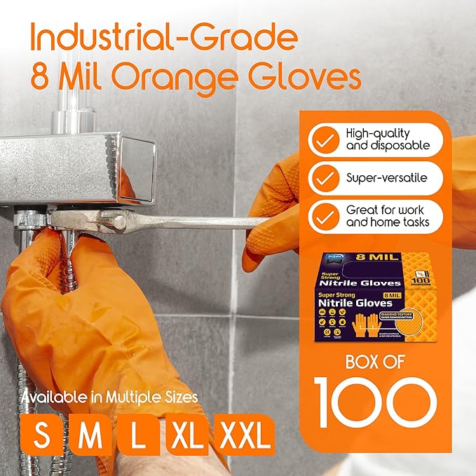 Inspire Heavy Duty Orange Nitrile Gloves | ULTRA 8 Mil Diamond Textured Grip | Industrial Mechanic Disposable Cleaning Gloves