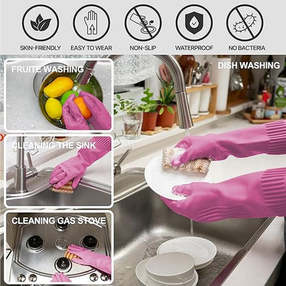 Reusable Waterproof Household Dishwashing Cleaning Rubber Gloves, Non-Slip Kitchen Glove (Pink, Small (Pack of 3))