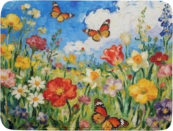 Floral Dish Drying Mat for Kitchen Counter 18x24 Spring Summer Theme Colorful Flower Butterfly Seasonal Absorbent Reversible Microfiber Drying Mats Kitchen Countertop Protector Dishes Drainer Pad