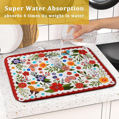 Flowers Printed Dish Drying Mat Floral Coffee Mat for Kitchen Counter Small