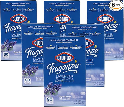 Clorox Fraganzia Fabric Softener Dryer Sheets, Wrinkle Reducing and Anti Static Laundry Dryer Sheets for Great Smelling Clothes, Softens Fabrics, Lavender with Eucalyptus Scent, 80 Count - 6 Pack