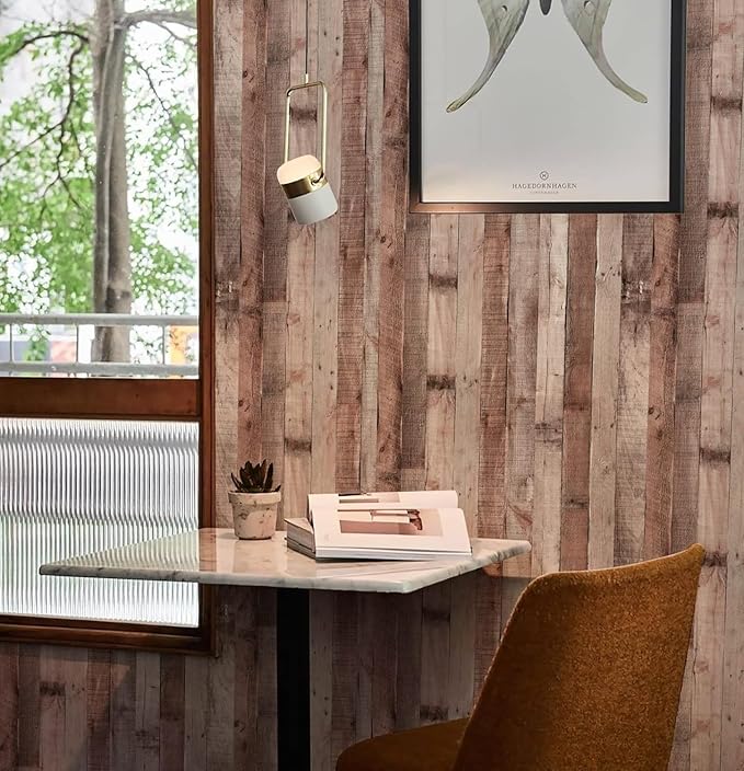 Yun-aeon Natural Wood-Cinnamon Wood Contact Paper Peel and Stick Wallpaper 17.3"x 200"Self Adhesive Removable Vintage Faux Wood Wall Paper Plank Shelf Home Decoration Kitchen Counter Cover Use