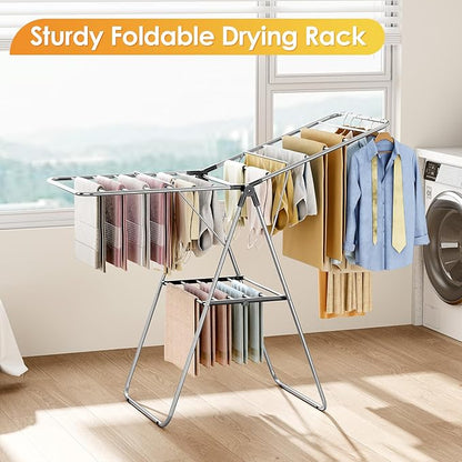 KINGBOARD Clothes Drying Rack, Stainless Steel Laundry Drying Rack with Height-Adjustable, Foldable Gullwing for Easy Storage, No Assembly, Indoor Outdoor Use, 56.4" D x 21.6" W x 39.3" H, Black