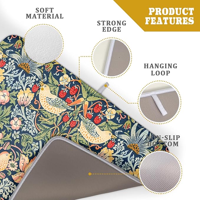 Navy Blue Sage Green Chinoiserie Dish Drying Pad 18 x 24 Inch With Absorbent Reversible Microfiber Vintage Strawberry Floral Bird Drying Mats Dish Drainer Mat Fast Dry For Kitchen