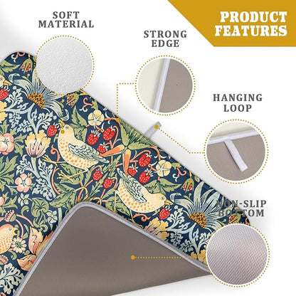 Navy Blue Sage Green Chinoiserie Dish Drying Pad 18 x 24 Inch With Absorbent Reversible Microfiber Vintage Strawberry Floral Bird Drying Mats Dish Drainer Mat Fast Dry For Kitchen