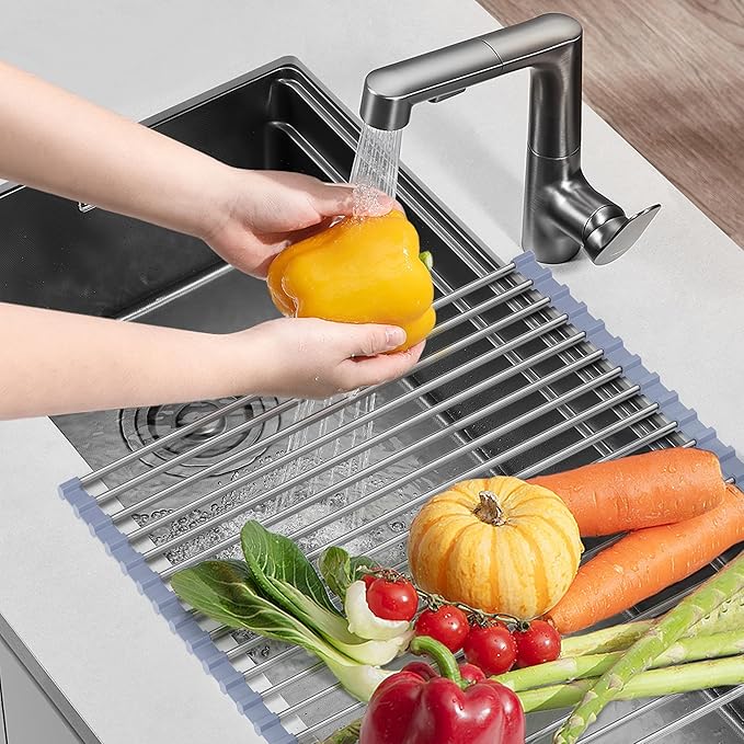 NEZUIBAN Dish Drying Rack with Roll Up and Over Sink for Kitchen,17.5"x11.8",Gray
