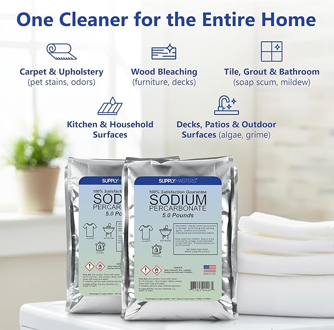 Sodium Percarbonate Powder 2 Pack (10 lbs Total) – Oxygen Bleach Alternative & Stain Remover – Multi-Purpose Cleaner for Laundry, Carpets, Tile, Grout, Decks, Kitchens & Outdoor Areas