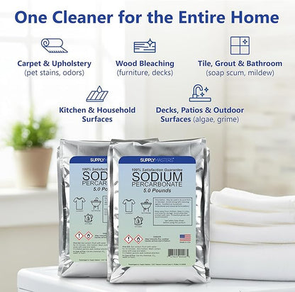 Sodium Percarbonate Powder 2 Pack (10 lbs Total) – Oxygen Bleach Alternative & Stain Remover – Multi-Purpose Cleaner for Laundry, Carpets, Tile, Grout, Decks, Kitchens & Outdoor Areas