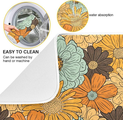 Super Absorbent Dish Drying Mat, Microfiber Fast-Drying Dish Mat, 16" x 18", Kitchen Dish Drying Pad, Retro Flower Daisy