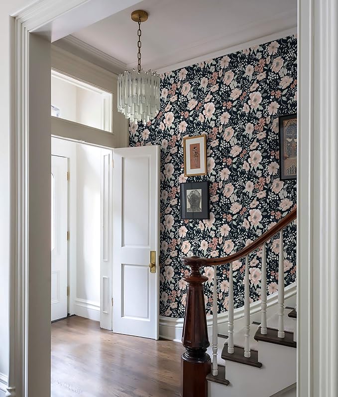 Heroad Brand Retro Floral Peel and Stick Wallpaper Dark Blue Floral Contact Paper for Cabinets Waterproof Navy Blue Wallpaper Removable Self Adhesive Drawer Liner Decoration Wall Paper 16.1"x78.7"