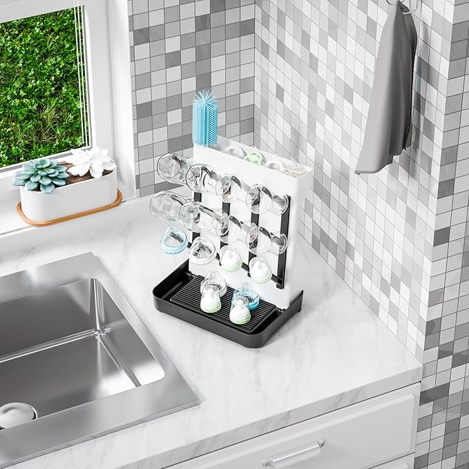 SuoXing Baby Bottle Drying Rack Space Saving,Countertop Vertical Bottle Rack Dryer and Holder for Baby,Large Baby Bottle Station Organizer and Stand for Brushes,Pacifiers,Breast Pump,Dish,Black