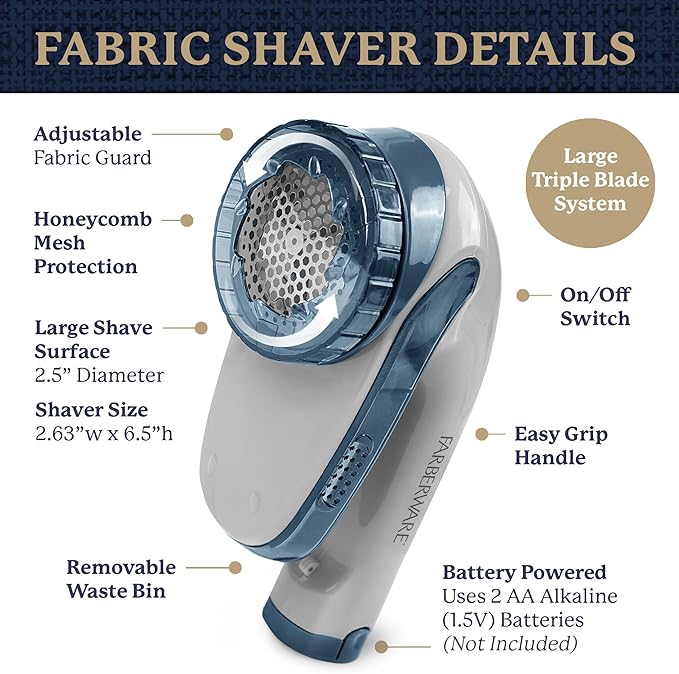 Farberware Lint Remover Fabric Shaver – Battery Operated Lint Shaver with Triple Blades for Clothes, Sweater Shaver to Remove Fuzz, Lint Balls, Pilling for Clothing, Couch, Furniture (Blue, Large)