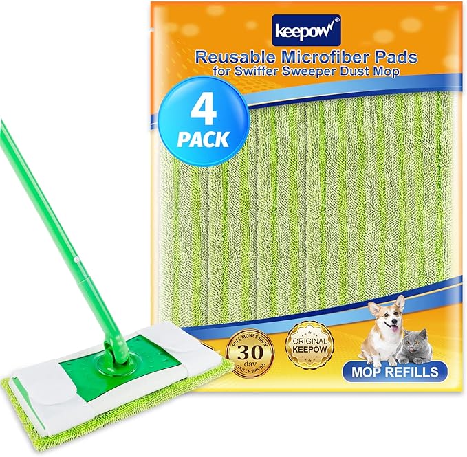KEEPOW Reusable Mop Pads Compatible with Swiffer Sweeper – Washable Microfiber Floor Cleaning Refills for Wet & Dry Use – 10.6" x 5.1", 4 Pack