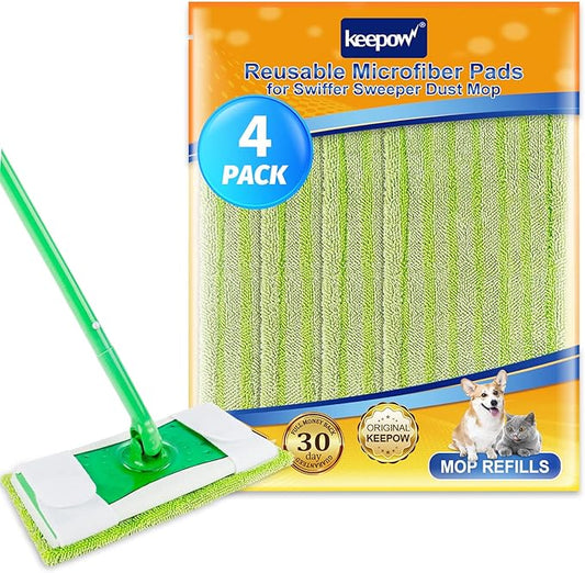 KEEPOW Reusable Mop Pads Compatible with Swiffer Sweeper – Washable Microfiber Floor Cleaning Refills for Wet & Dry Use – 10.6" x 5.1", 4 Pack