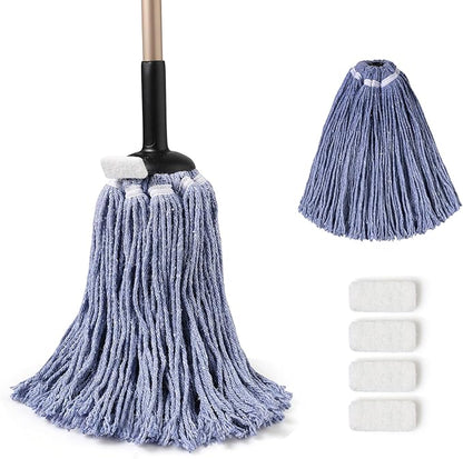 Eyliden Heavy Duty Floor Mop with Non-Touch Replacement | 2 Reusable Cotton Heads + 4 Scouring Pads | Wet & Dry Mops for Home & Commercial, Kitchen, Garage & Office Floor Cleaning, Blue