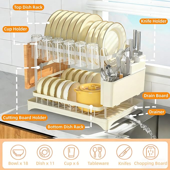 2 Tier Dish Drainers Drying Rack for Kitchen Counter Dishes Drain with Drainboard, Space Saving, Countertop Dryer Strainer Holder and Extra Tray, White