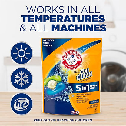 ARM & HAMMER Plus OxiClean Stain Fighters: 5-in-1 Laundry Detergent Power Paks, Fresh Scent, 72 Count