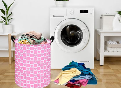 19.7 Inch Round Pink Valentine's Day Laundry Clothes Hamper Laundry Basket with Handles,Storage Organizer Bins Laundry Gift Basket for Room, Bedroom Decor (Pink Heart)