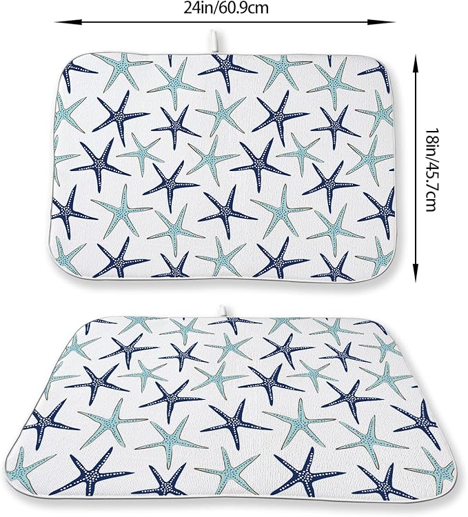 Coastal Dish Drying Mat 18x24 Inch Summer Navy Blue Teal Turquoise Starfish Summer Drying Mat Nautical Beach Ocean Absorbent Dish Drying Pad Dish Rack Drainer Mats for Kitchen Dining Counter