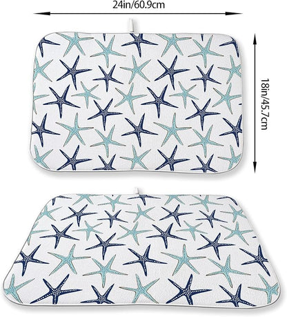 Coastal Dish Drying Mat 18x24 Inch Summer Navy Blue Teal Turquoise Starfish Summer Drying Mat Nautical Beach Ocean Absorbent Dish Drying Pad Dish Rack Drainer Mats for Kitchen Dining Counter