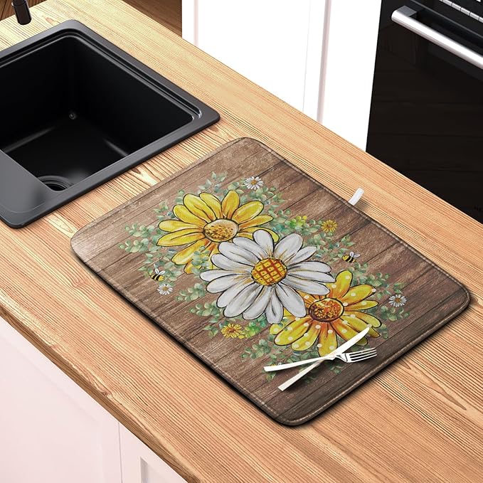 Rustic Daisy Floral Dish Drying Mat for Kitchen Counter Spring Summer Sunflower Dish Drying Mat Bee Absorbent Microfiber Dish Mat Reversible Dish Drainer Rack Mat 16x18 Inch