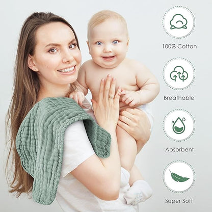 Muslin Burp Cloths 100% Cotton Large 20''x10'' Extra Soft and Absorbent Baby Wash Cloths Spit Up Rags - Baby Burping Cloth for Boys Girls Items(24 Pack Green)