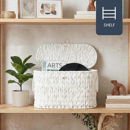 Toilet Paper Basket,Wicker Toilet Paper Storage with Lid,Decorative Boho Wicker Basket for Bathroom,Free Standing-Cream White