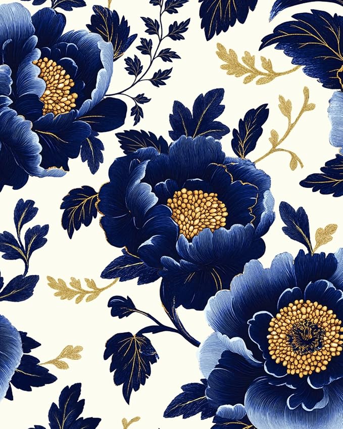 Fvlow Navy Floral Wallpaper Peel and Stick Dark Blue Large Flower Contact Wall Paper Waterproof Self-Adhesive Wall Covering for Bedroom Countertop Desk Cabinets Decor Renter Friendly 17.4" x 118"