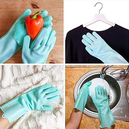 Dishwashing Gloves Cleaning Silicone Gloves with Cleaning Cloth Kitchen Accessories Dish Scrubber, Waterproof Cleaning (1 Pairs Green, 1 sponge)