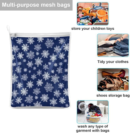 Mesh Laundry Bags Lingerie Bags for Washing Delicates 2 PCS Durable Wash Bag with Zipper Small and Medium Washable Navy Blue Snowflakes