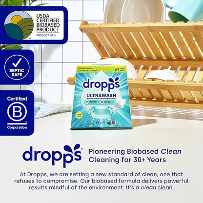 Dropps UltraWash Dishwasher Detergent Pods, Unscented (120 Ct) - Free & Clear | Cuts Grease & Stuck-On Food | Sparkling Dishes & Glasses | Residue-Free | Clean Ingredients | Plastic Free Packaging