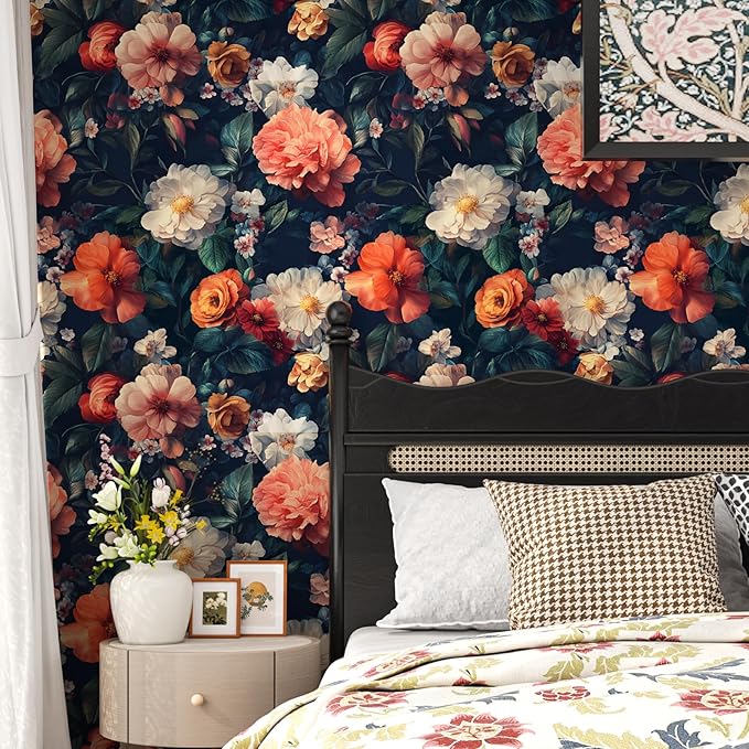 Vintage Black Floral Wallpaper, Retro Dark Colorful Flower Self Adhesive Contact Paper for Cabinet Bathroom Powder Room, Vinyl Moody Boho Botanical Flower Design Accent Wall Art 17.5In x 118In