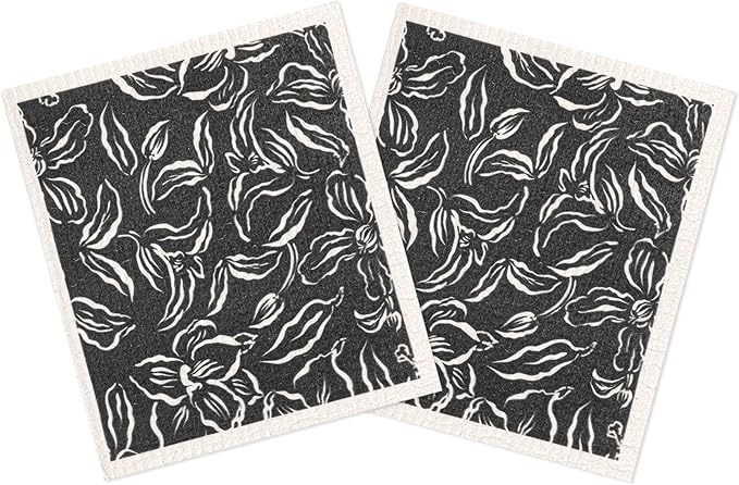 MÜkitchen Premium Eco Sponge Dish Cloth | Highly-Absorbent Kitchen Cloth for Cleaning and Drying Dishes | Machine Washable and Reusable | Set of 2 | (Water Lilly Black)