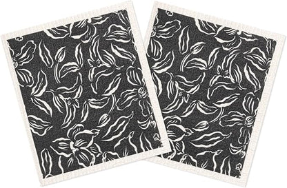 MÜkitchen Premium Eco Sponge Dish Cloth | Highly-Absorbent Kitchen Cloth for Cleaning and Drying Dishes | Machine Washable and Reusable | Set of 2 | (Water Lilly Black)