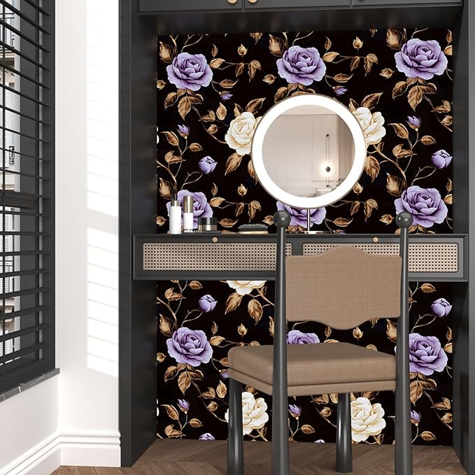 Laatse Golden Floral Wallpaper Peel and Stick Vintage Purple Gold Rose Contact Paper Self Adhesive Removable Retro Dark Flower Wall Mural for Bedroom Walls Shelves Cabinet Table Decor 17.5" x 118"