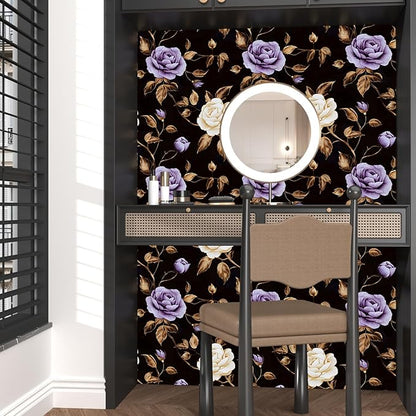 Laatse Golden Floral Wallpaper Peel and Stick Vintage Purple Gold Rose Contact Paper Self Adhesive Removable Retro Dark Flower Wall Mural for Bedroom Walls Shelves Cabinet Table Decor 17.5" x 118"