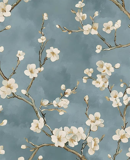 Vintage Floral Wallpaper Peel and Stick Blue White Flowers Contact Paper Vinyl Self Adhesive Removable Retro Cherry Blossom Wall Mural Wall Paper for Room Walls Shelve Cabinet Table Decor 17.5" x 393"