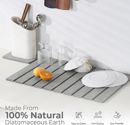 Large Stone Dish Drying Mat for Kitchen Counter, Quick Dry Stone Dishes Mats, Foldable Water Absorbing Diatomaceous Earth Drying Organizer Pad for Rack Bottles Plates(Light Gray 24"×16" & 8"x5")