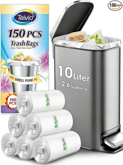 2.6 Gallon 150 Counts Small Trash Bags Garbage Bags by Teivio, Bathroom Trash Can Bin Liners, Small Plastic Bags for home office kitchen, Clear