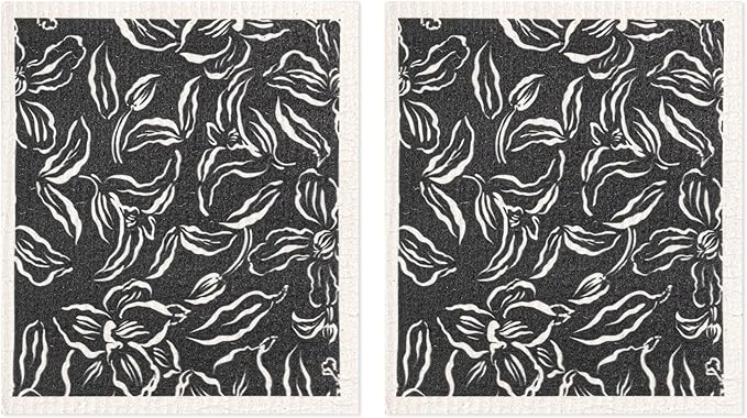 MÜkitchen Premium Eco Sponge Dish Cloth | Highly-Absorbent Kitchen Cloth for Cleaning and Drying Dishes | Machine Washable and Reusable | Set of 2 | (Water Lilly Black)