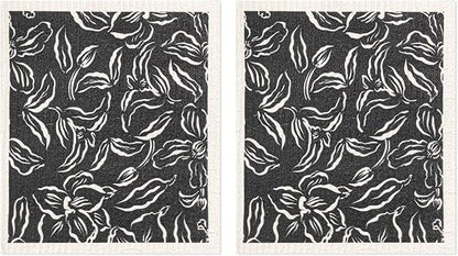 MÜkitchen Premium Eco Sponge Dish Cloth | Highly-Absorbent Kitchen Cloth for Cleaning and Drying Dishes | Machine Washable and Reusable | Set of 2 | (Water Lilly Black)